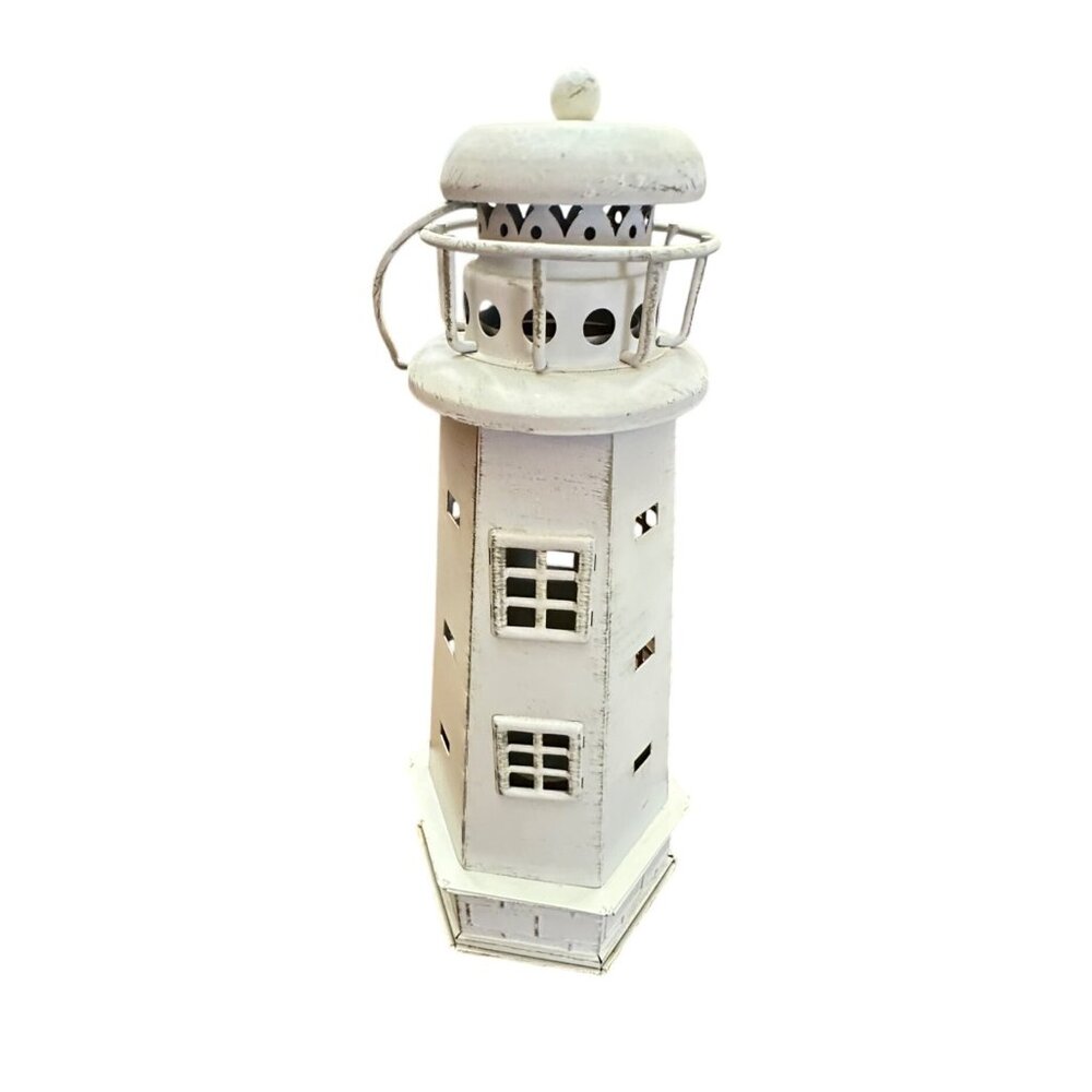 Lighthouse Candle Votive Holder Distressed Off White Metal 12.75" High Nautical